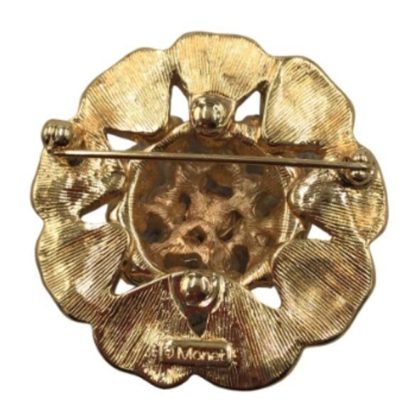 Monet Brooch Gold-tone Ruby Red Rhinestones Signed 1-1/2" x 3/8" - Picture 3 of 4